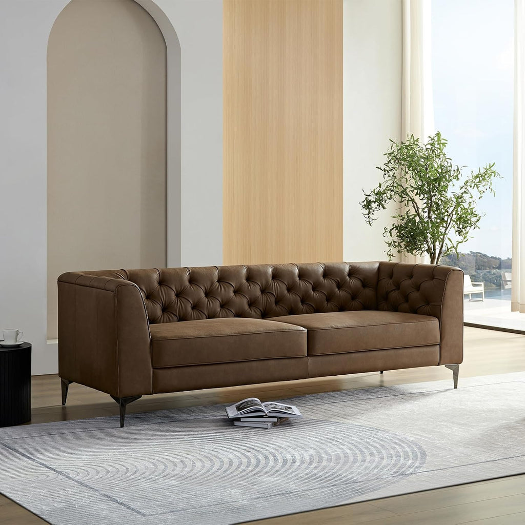 90.5" Mid-Century Modern Sofa Leather Couch, 3-Seater Tuxedo Tufted Couch, Vintage Luxury Chesterfield Sofas with Metal Legs, Modern Upholstered Couches for Living Room, Apartment, Office, Brown