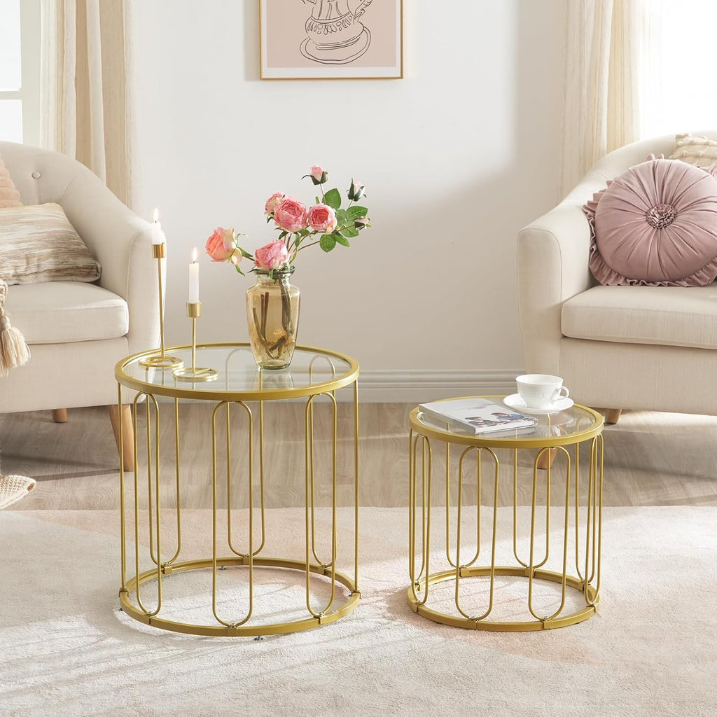 HOOBRO Small Coffee Table Set of 2, Gold Accent End Tables with Metal Frame, Round Coffee Side Table with Tempered Glass Top, for Living Room, Bedroom, Gold GD113BZ01