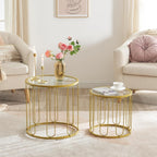 HOOBRO Small Coffee Table Set of 2, Gold Accent End Tables with Metal Frame, Round Coffee Side Table with Tempered Glass Top, for Living Room, Bedroom, Gold GD113BZ01