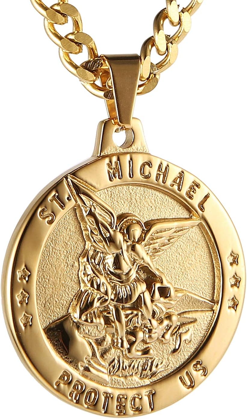 HZMAN St Michael The Archangel Catholic Medal Stainless Steel Amulet Pendant Necklace 22+2" Rolo Curb Chain