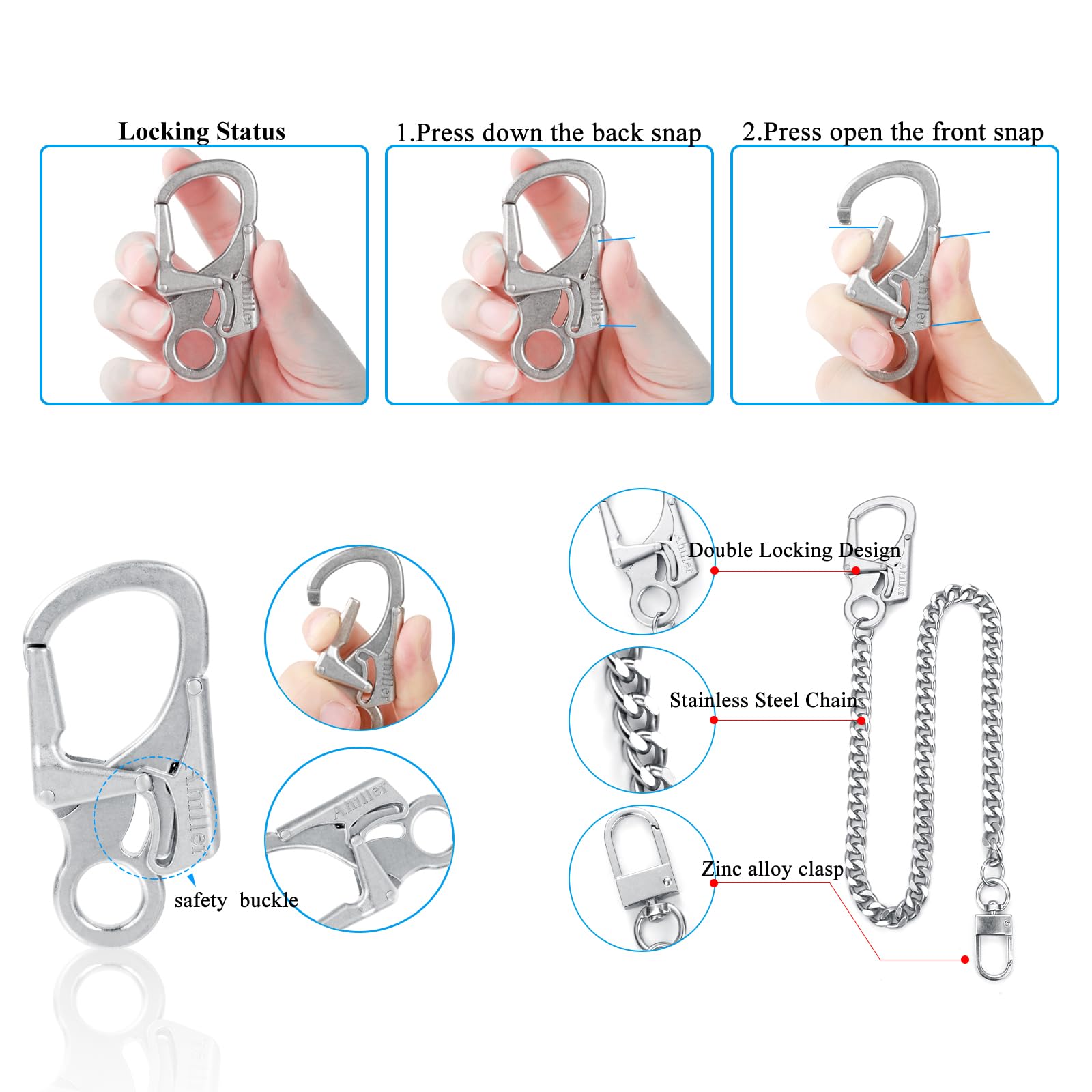 Ahiller Biker Wallet Chain, Heavy Duty Pocket Chain with Lockable Carabiner, Men Chains for Keys, Jeans, Pants, Purse and Handbag (P-Silver-1PCS)