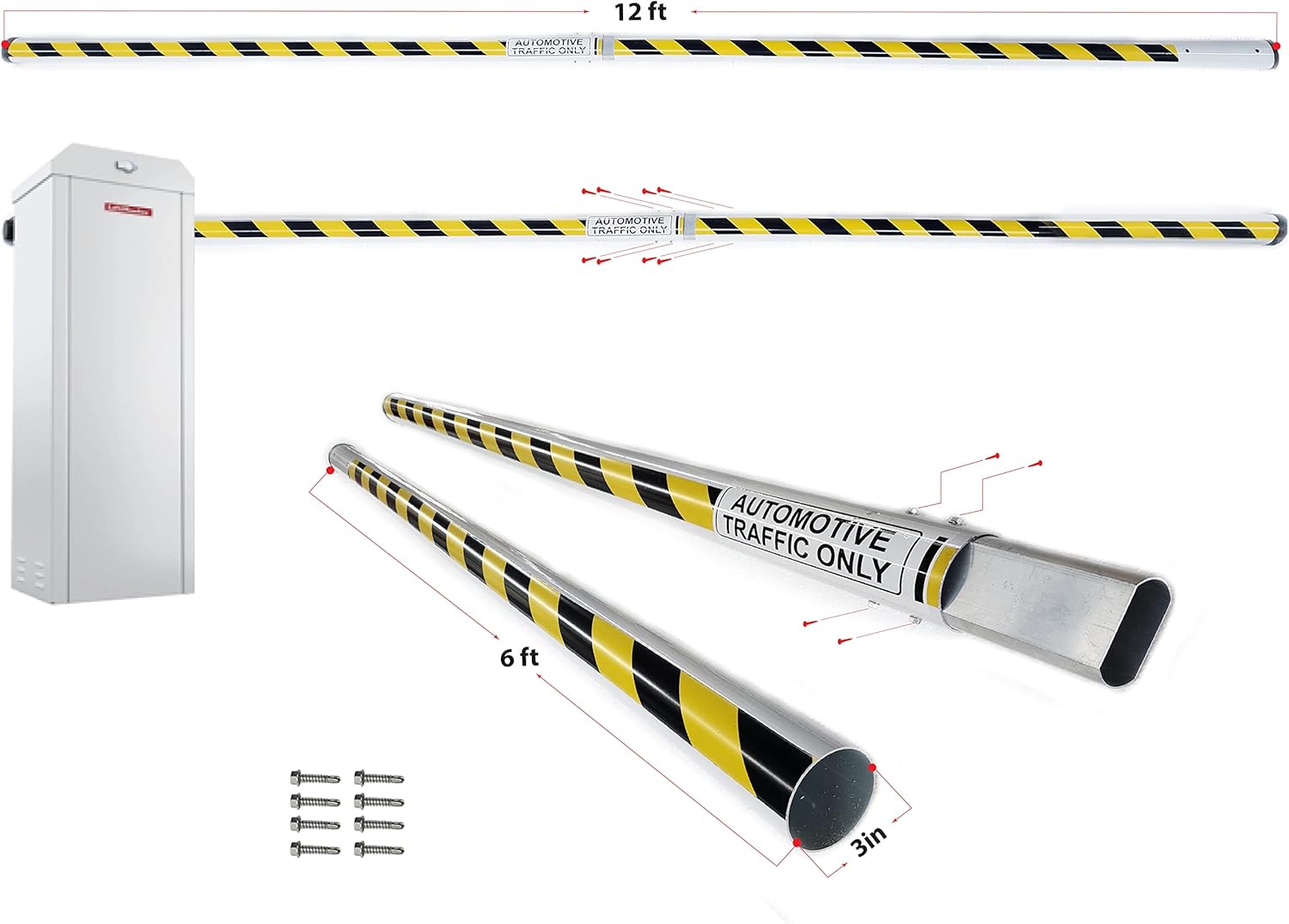 Parking Barrier Arm 12ft 2 pieces X 6 ft Aluminum Round Replacement Arm for Gate Operator (With Yellow/Black Stripes)
