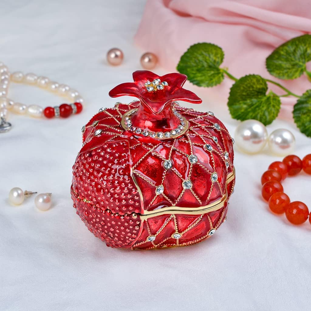 Trinket Box Pomegranate Fruit Gold Plated Crystal Enameled Jewelry Holder Small Home Decor Gifts for Women, Men