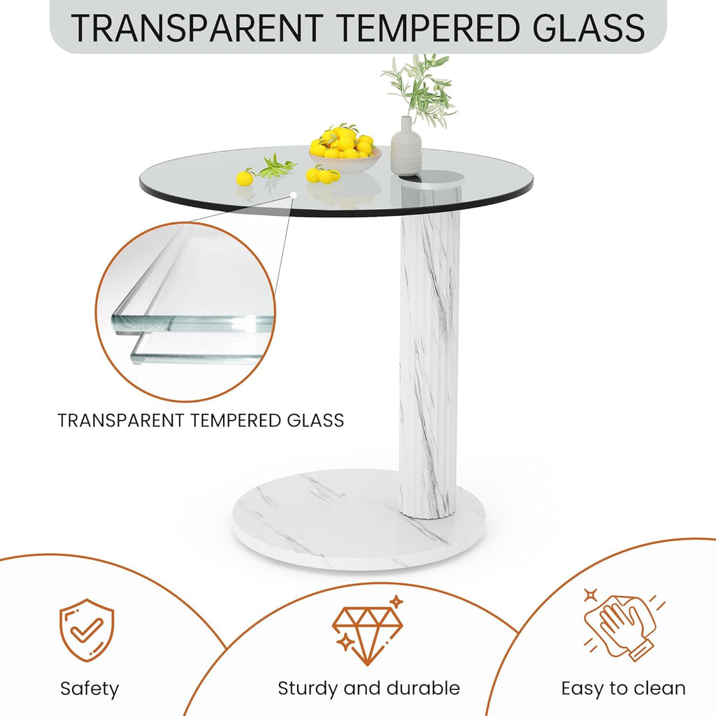 Hooseng Glass Round Coffee Table End Table, 22-Inch Modern Tempered Transparent Glass Top,Perfect for Living Room,Cafe,Home,and Office(White)