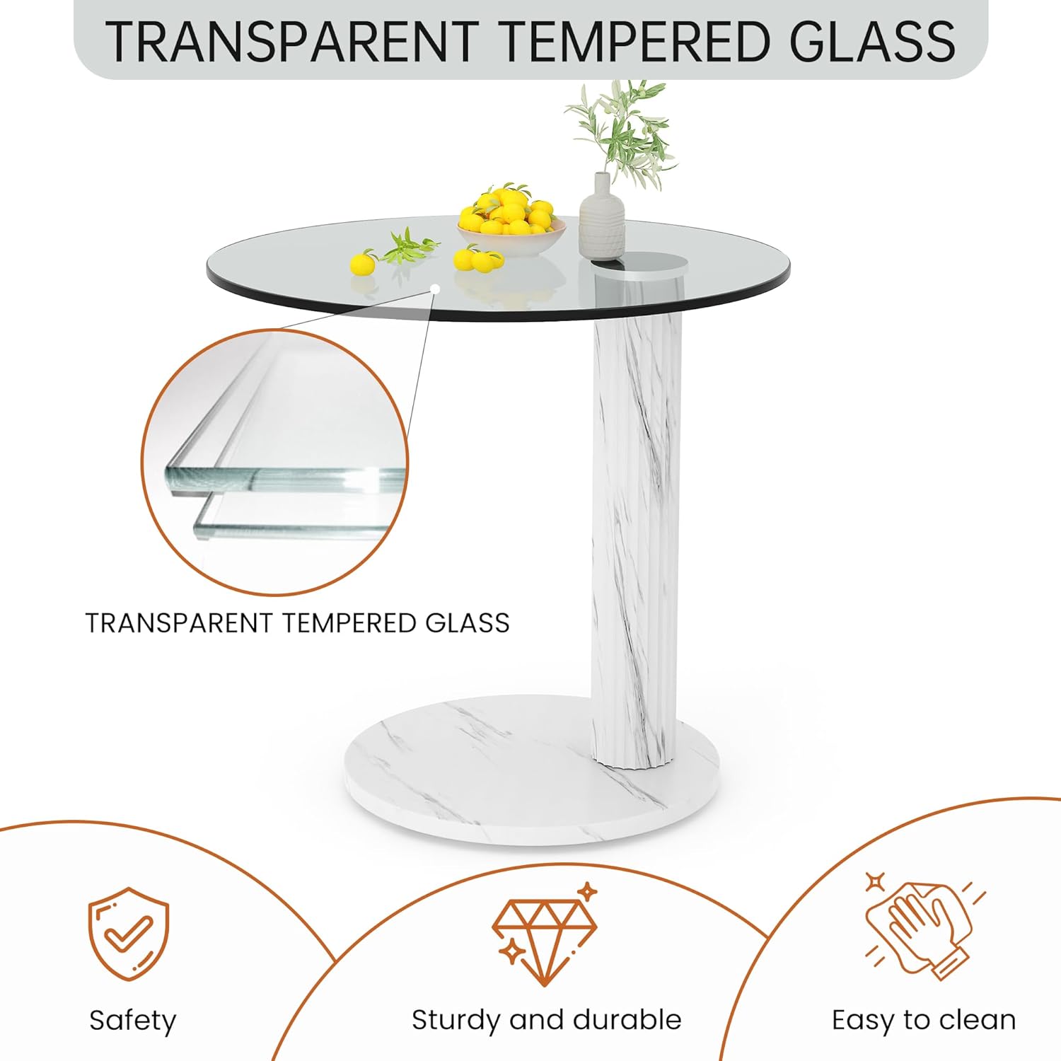 Hooseng Glass Round Coffee Table End Table, 22-Inch Modern Tempered Transparent Glass Top,Perfect for Living Room,Cafe,Home,and Office(White)