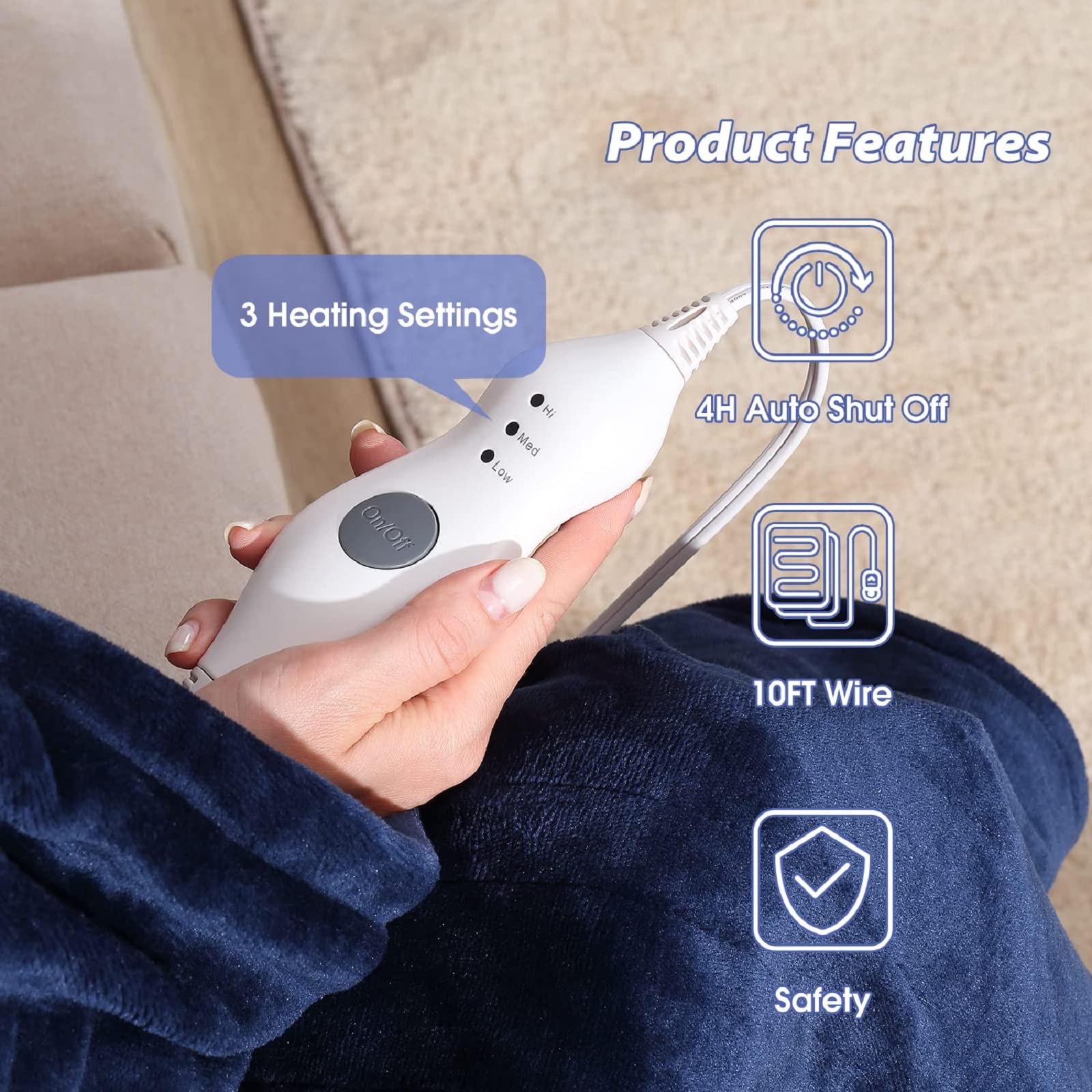 Manta Elétrica Tefici, Super Aconchegante e Macia, Flanela de 2 Camadas 50" x 60", Manta Aquecida com 3 Níveis de Aquecimento e Desligamento Automático em 4 Horas, Lavável na Máquina, Certificada ETL e FCC, Uso Residencial e Escritório, Cor Camelo