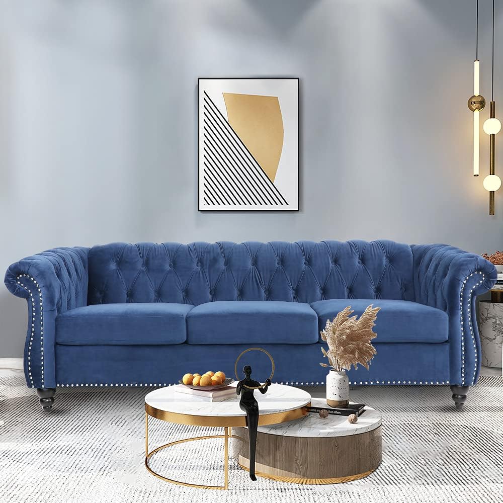 LEVNARY Three-Seat Velvet Sofa, Large Sofa Classic Tufted Chesterfield Settee Modern 3 Seater Couch Furniture Tufted Back for Living Room, Blue