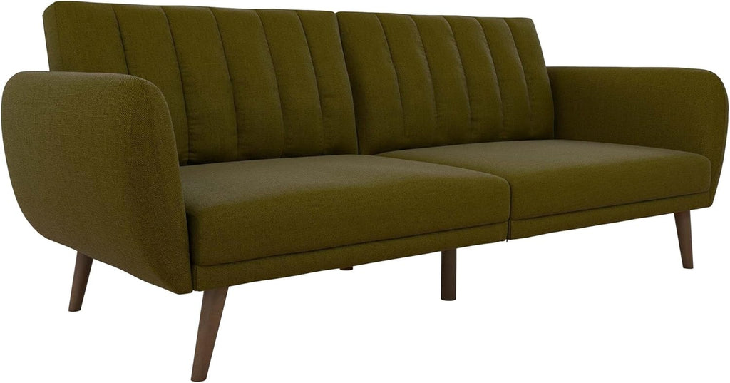 Novogratz Brittany 82 Inch Futon Sofa Bed in Faux Leather, Upholstered Couch Sleeper with Tufted Back, Mid-Century Modern Design, Green