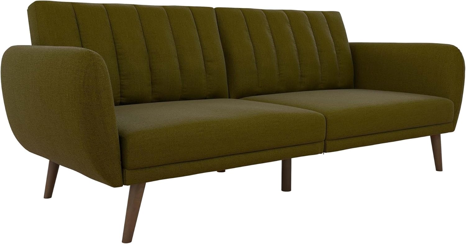 Novogratz Brittany 82 Inch Futon Sofa Bed in Faux Leather, Upholstered Couch Sleeper with Tufted Back, Mid-Century Modern Design, Green