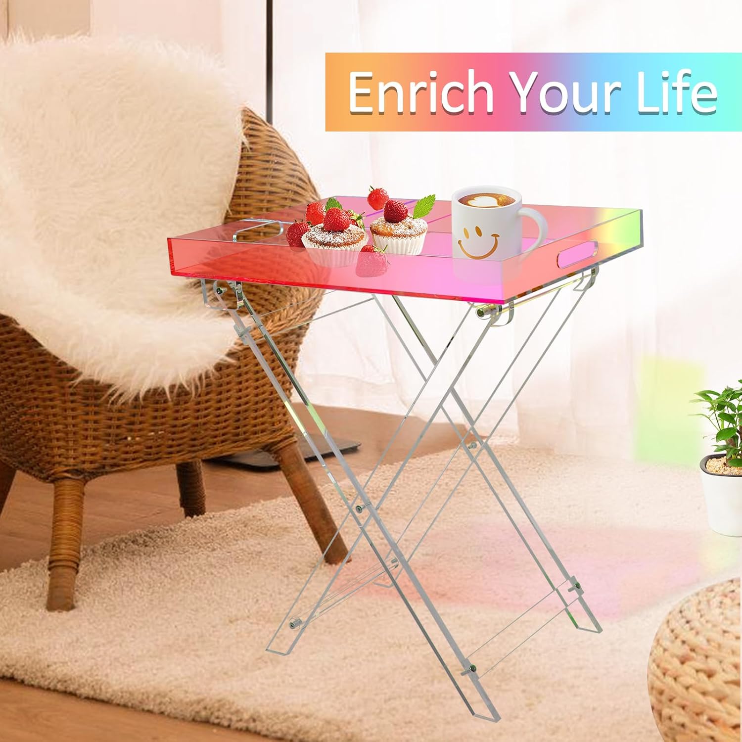 Acrylic Folding Tray Table, Rainbow Color Acrylic Coffee Table, Iridescent Side Table Modern Accent Square End Table for Coffee, Drink, Food, Snack for Living Room & Bedroom