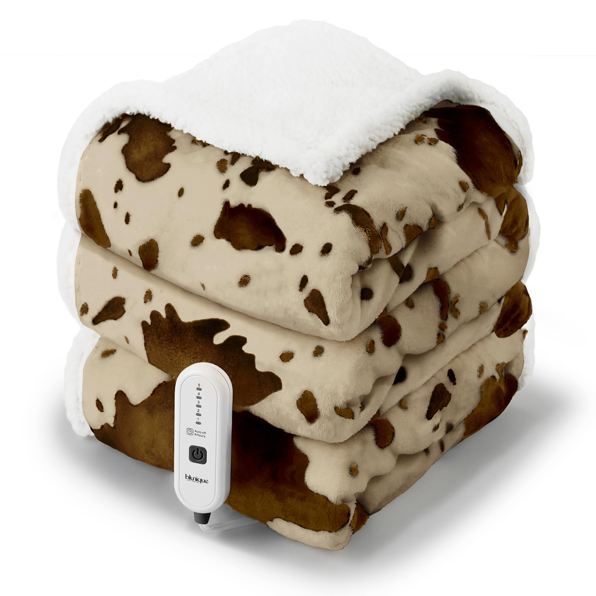 Heated Throw Blanket Electric Blanket - Heating Blanket Throw with 5 Heat Levels & 4 Hours Auto-Off, Cozy Soft Fleece Sherpa Blanket, Washable, Fast Heating, 50 x 60 Inches, Cow Print