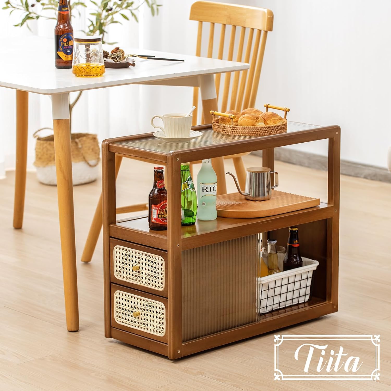 Tiita Rattan Nightstand Side Table, Bamboo Accent Bedside Tables, Glass Coffee Tables, Boho Wooden End Table with Storage for Small Space, Living Room and Bedroom