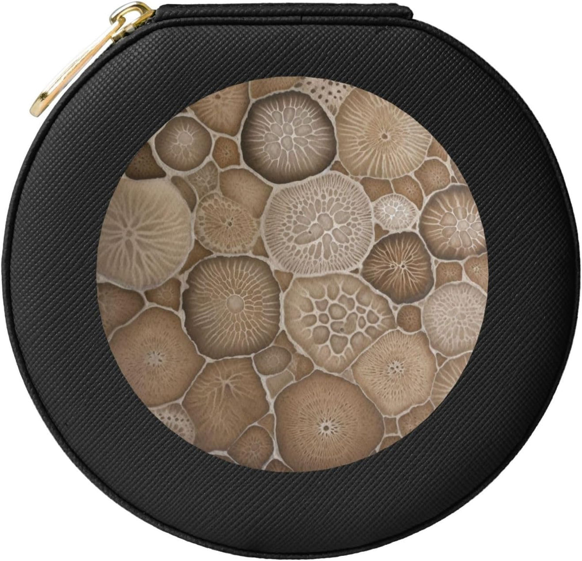 Petoskey Stone Printed Leather Jewelry Box, Black Round Jewelry Organizer for Earrings, Rings, Necklaces, Bracelets