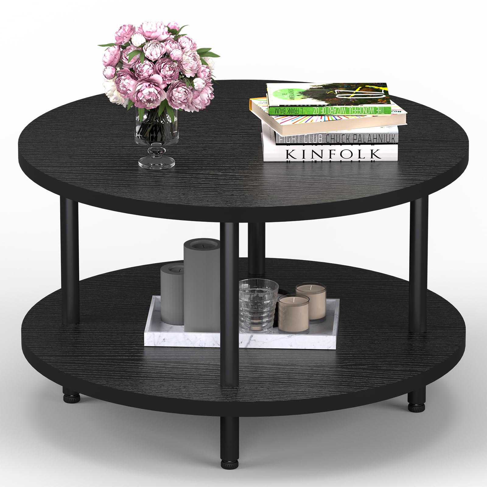 Coffee Table, 23.6" Coffee Tables for Living Room, Round Coffee Table with Metal Frame, Floor Table for Sitting on The Floor, Home, Office, Black