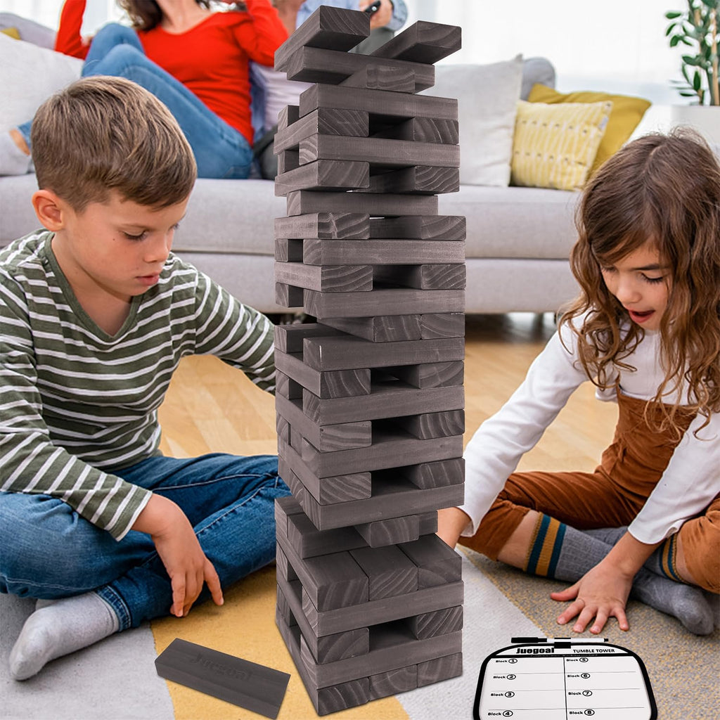 Juegoal 54 Piece Giant Tumble Tower Grey for Adult Kids Family, Wooden Block Stacking Game with Gameboard & Canvas Bag, Outdoor Games for Backyard Lawn Party Playing, 6.9 x 6.9 x 24 Inches,X-Large