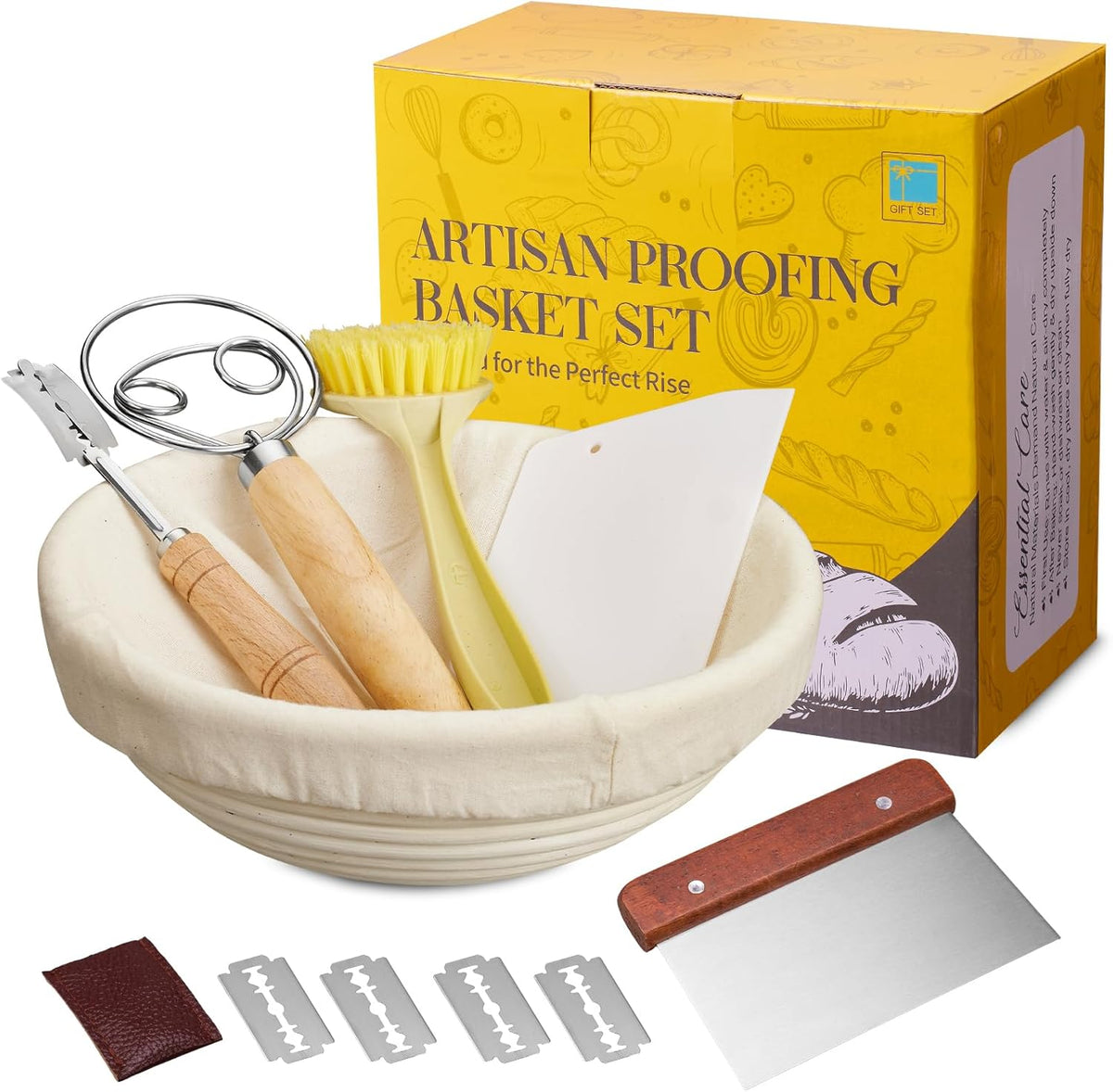 Banneton Bread Proofing Basket Banneton Basket Set Sourdough Proofing Basket Round Proofing Bowls Handmade Rattan Baskets and Liners (Round of 1 Gift Set)