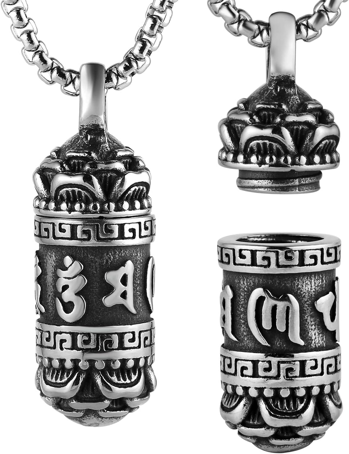 STWTR Tibetan Buddhist Meditation Stainless Steel Pendant Memorial Cremation Ash Pill Container Necklace Men's Ladies Comes with 23.6" Chain