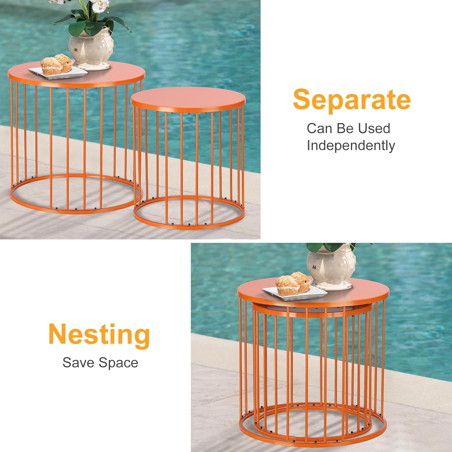 LEWIS&WAYNE Outdoor Side Table Set of 2, Metal Circle Accent End Tables for Balcony Backyard Garden Indoor Living Room, Durable Nesting Coffee Tables, 20”+16” Dia, Orange