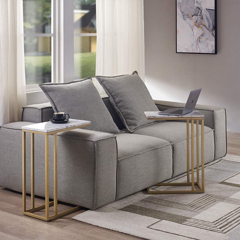 C-Shape Side End Table, Faux Marble Tray Snack Table with Metal Frame, Laptop Coffee Holder, Modern Furniture (Gold,2pcs)