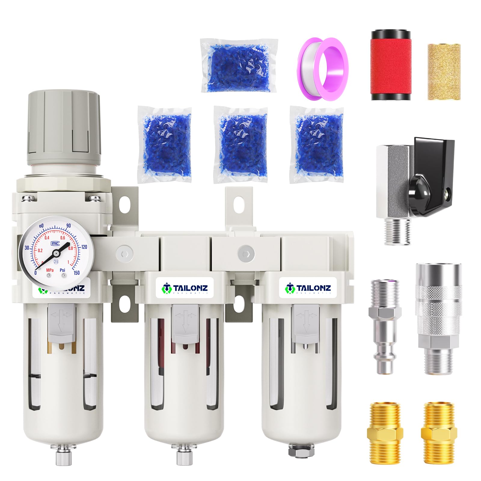 TAILONZ PNEUMATIC 0-150PSI 1/4 Inch NPT Grade 3 Stage Air Drying System, Particulate Filter, 5/0.01 Micron Filter Air Filter Pressure Regulator (Manual Drainage）