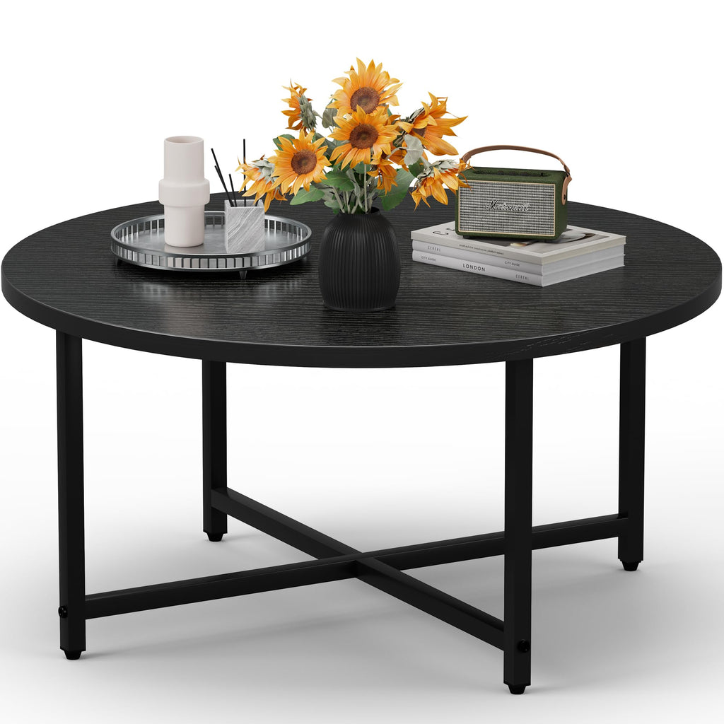 Coffee Table, 23.6" Small Coffee Tables, Black Round Coffee Tables for Living Room, Floor Table for Sitting on The Floor, Center Coffee Table with Metal Frame for Office Apartment Home