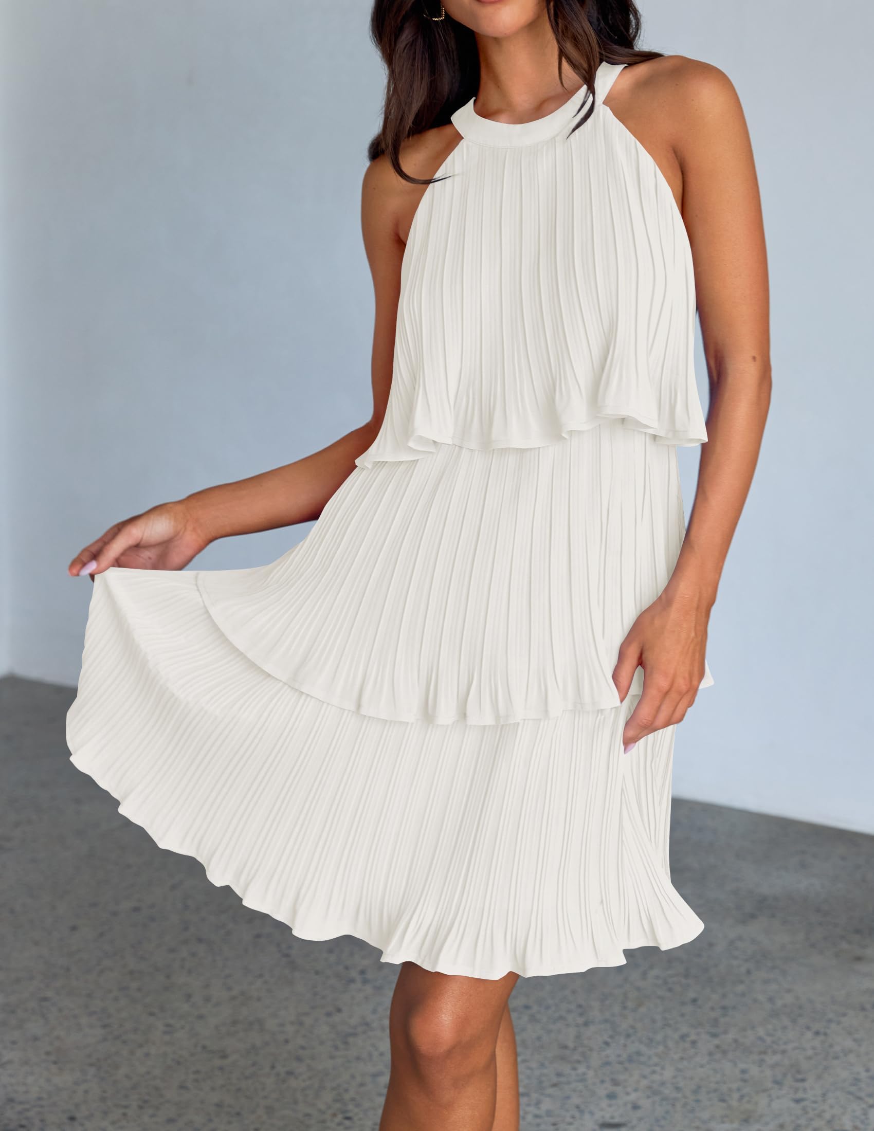 ZESICA Women's 2024 Summer Halter Dresses Sleeveless Ruffle Tiered Layered Chiffon Pleated A Line Swing Mini Dress,White,Small