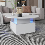 31.5" Round Coffee Table for Living Room, LED Modern Living Room Table with Storage, Square Acrylic Coffee Tables with 2 Sliding Drawers, Wood Center Table for Reception Dinning Room, White