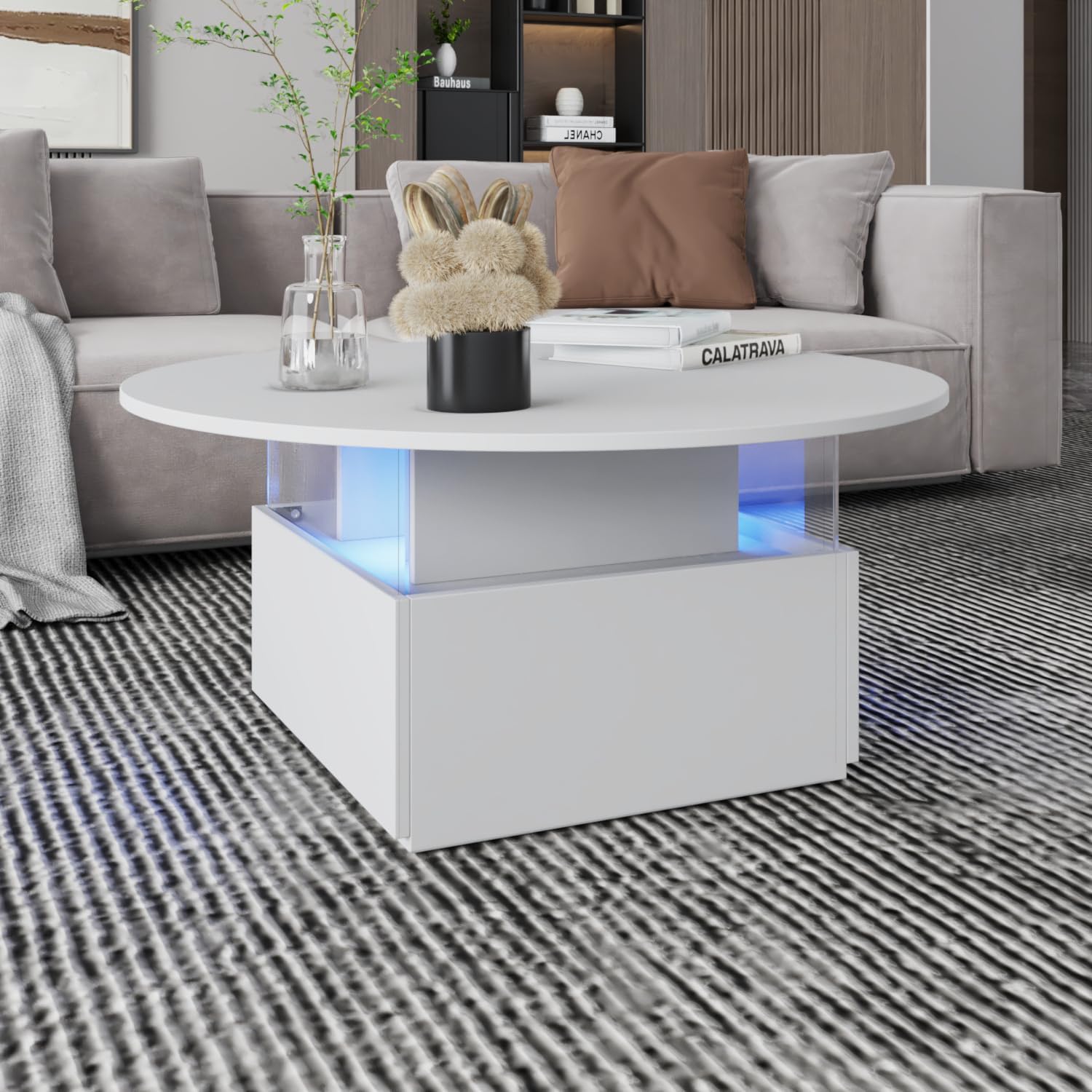 31.5" Round Coffee Table for Living Room, LED Modern Living Room Table with Storage, Square Acrylic Coffee Tables with 2 Sliding Drawers, Wood Center Table for Reception Dinning Room, White