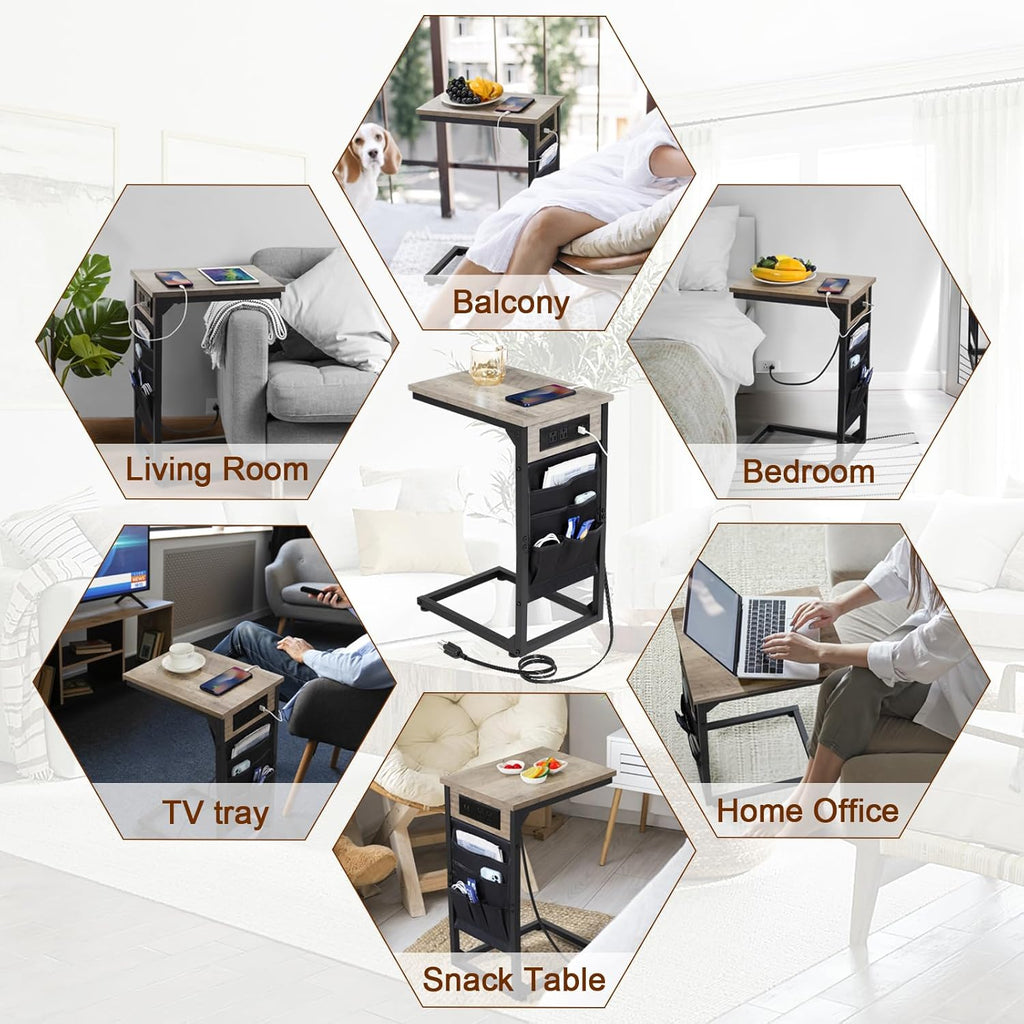 AMHANCIBLE C Shaped End Table with Charging Station, TV Tray Set of 2, Couch Tables with Storage Bag, Slide Under Sofa Side Table with USB Ports and Outlets for Living Room, Grey HET04CGY