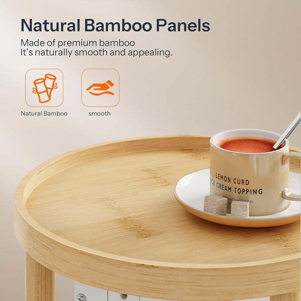 HOOBRO Small Round Side Table with Charging Station, 2-Tier Round Bamboo End Table, Compact Sofa Bedside Table for Small Space, Easy Assembly, for Living Room, Bedroom, Apartment, Natural YL156UBZ01