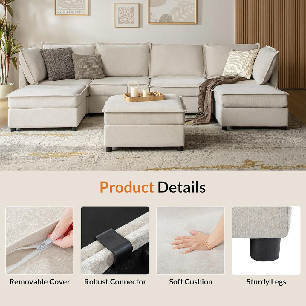 HULALA HOME 127'' Modular Sectional Sofa, Oversized U Shaped Couch with Storage Ottoman, Extra Deep Seat, Modern Comfy Chenille Sofa with Chaise, 6 Seat Convertible Couches for Living Room, Beige