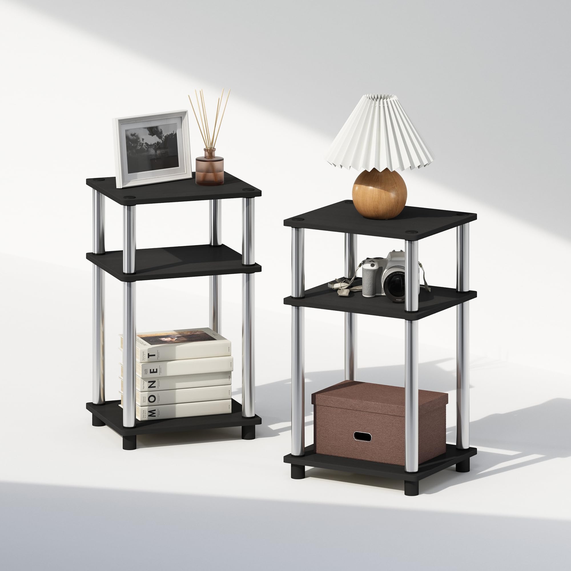 Furinno Just 3-Tier Turn-N-Tube Nightstand, 2-Pack, Columbia Walnut/Black