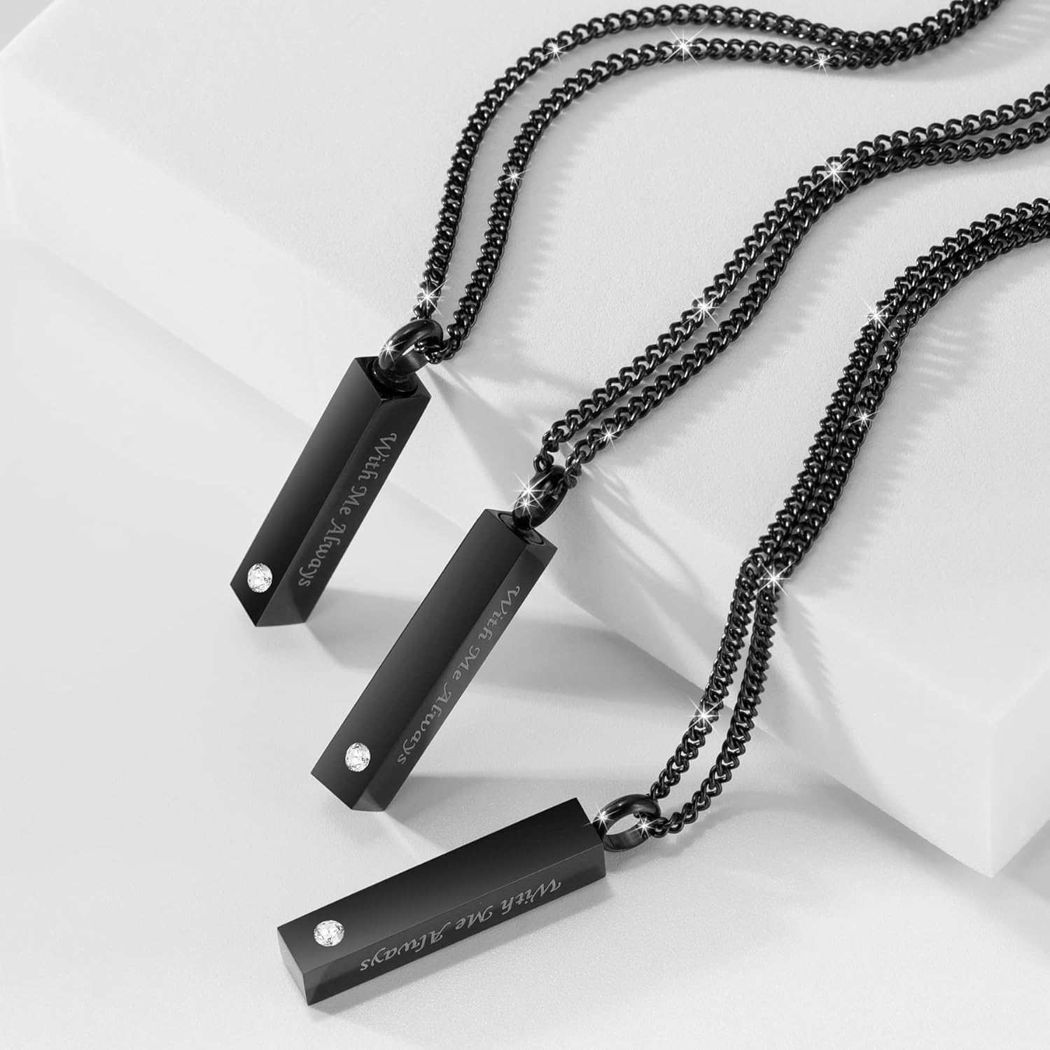 3 Pack Urn Necklace for Ashes Memorial Cremation Jewelry for Ashes, CZ Bar Urn Locket for Ashes Stainless Steel Urns Pendant Keepsake Jewelry with Words: With Me Always & Funnel Kit & Bag