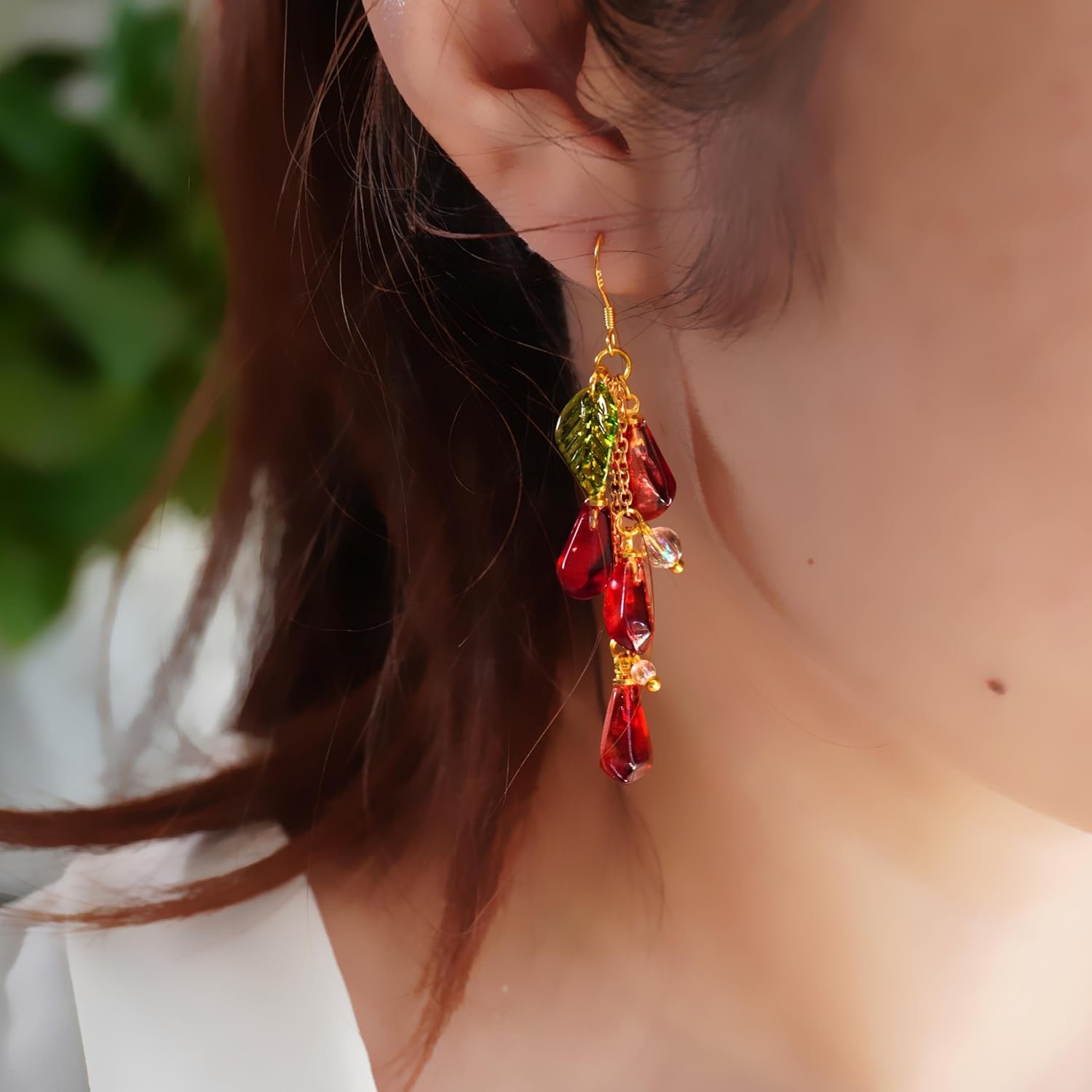Handmade Glass Pomegranate Seed Earrings - Unique Nature-Inspired Jewelry, Elegant Red Glass Beads, Perfect Gift for Nature Lovers, Women’s Artistic Drop Earrings
