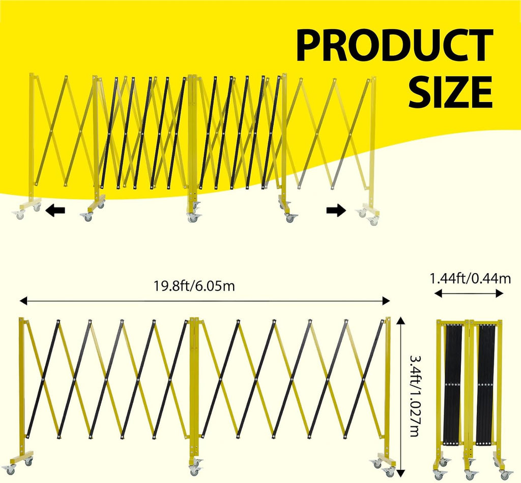 Garvee 19.8 ft Industrial Expandable Metal Barricade, Rotatable & Portable Safety Barrier with a Warning Board and Casters, Retractable Traffic Fence Mobile Safety Barrier Gate Yellow Black