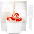 Vasos de papel para helado Promora de 12oz desechables 50 unidades + cucharas, tazones para sopa caliente/postre con cucharas, perfectos para comida caliente y fría, tazones desechables para sopa, tazones para helado, yogur congelado (blanco 12oz)