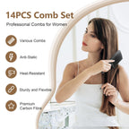 SALONSILK Women Hair Comb Set - 14PCS Wide Tooth Rat Tail Styling Combs Pick for Curly - Teasing Parting Fine Professional Barber Cutting Braiding Set