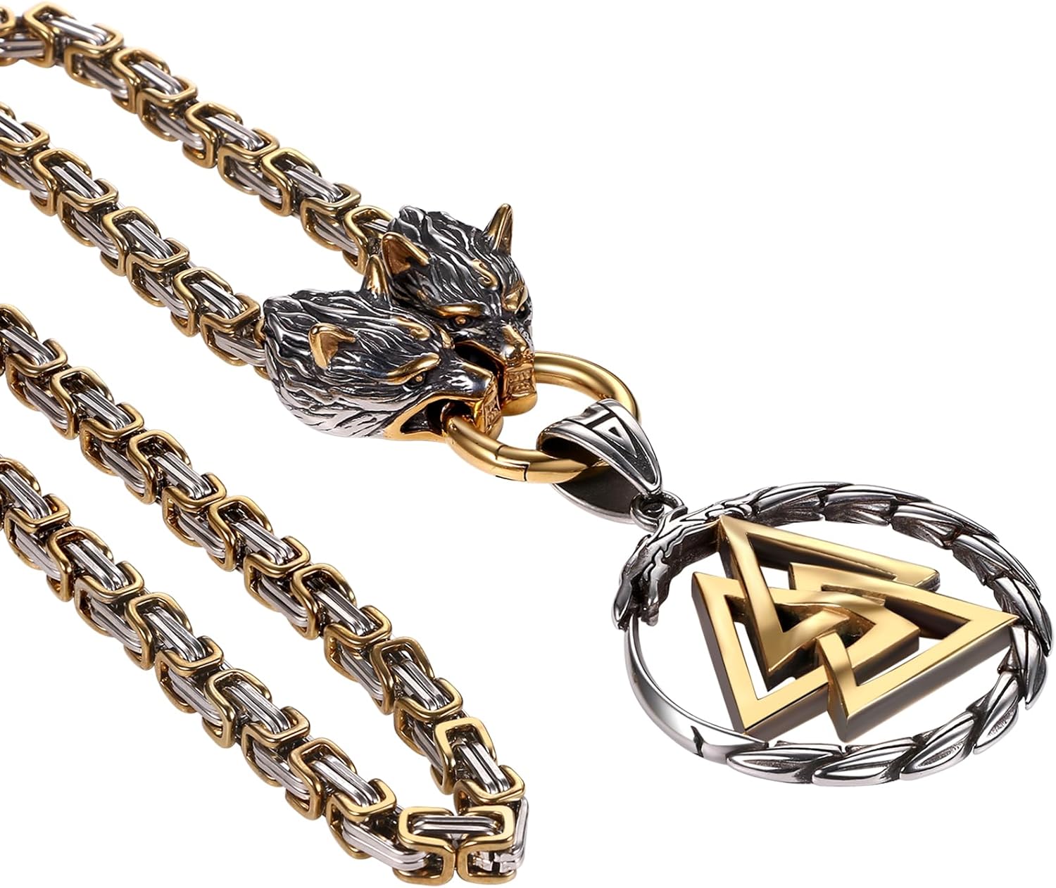 OIDEA Viking Thor's Hammer Necklace for Men: Vintage Viking Helm of Awe Mjolnir Pendant with Wolf Head Byzantine Chain Amulet Jewelry Gift for Men Women 24in Chain