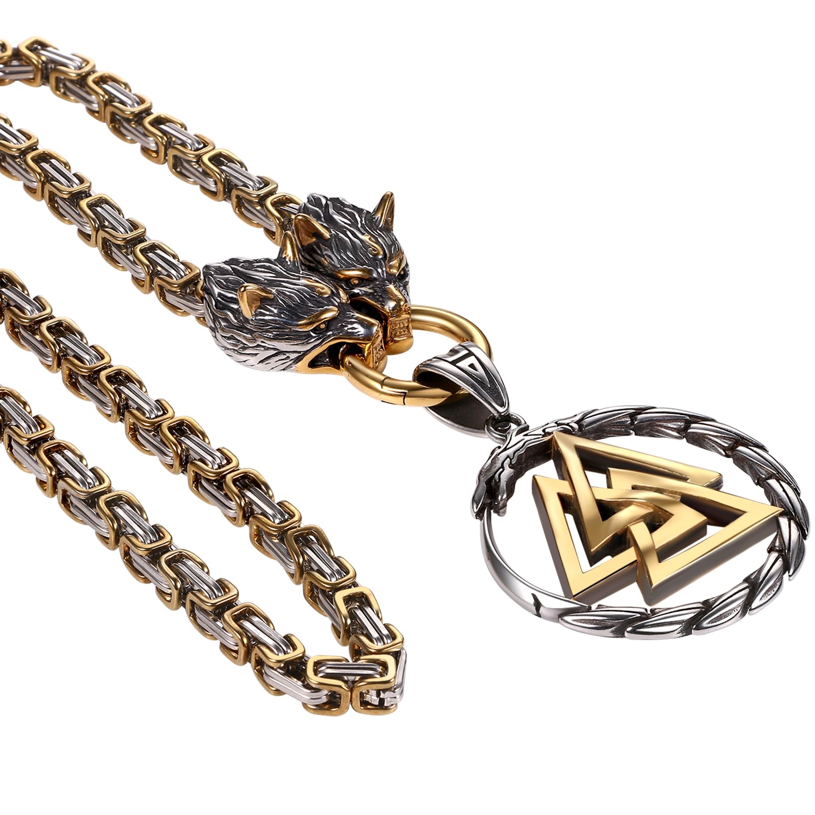 OIDEA Viking Thor's Hammer Necklace for Men: Vintage Viking Helm of Awe Mjolnir Pendant with Wolf Head Byzantine Chain Amulet Jewelry Gift for Men Women 24in Chain