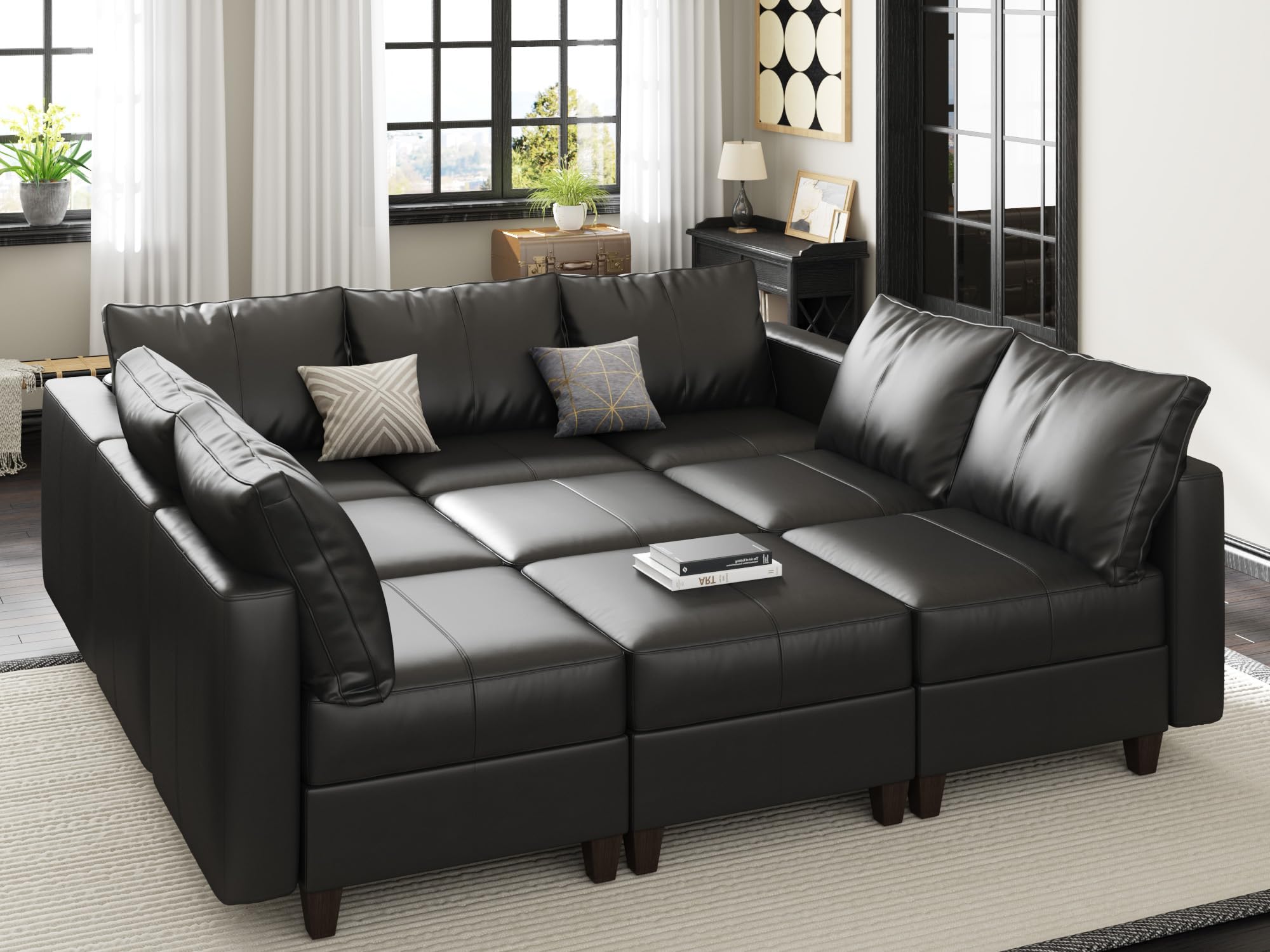 EASE MOOSE Faux Leather Sectional Sofa Sleeper Couch with Storage,Faux Leather Moduar Sectional Sleeper Sofa Bed Modular Couch for Living Room