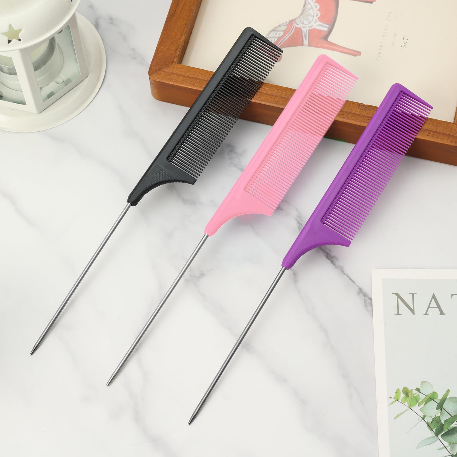 Trati Rat Tail Comb Set, 3Pcs Carbon Fiber Hair Combs for Salon, Hair Styling, Parting, Back Combing, Post Styling and Hair Coloring, Purple|Black|Pink, Lightweight and Durable, Hair Combs for Women