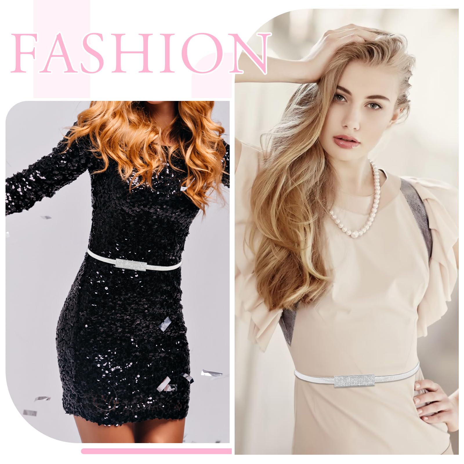 Women Skinny Metal Waist Belt Elastic Metal Chain Waist Belt Fashion Rhinestone Dress Belts for Dress, Sliver