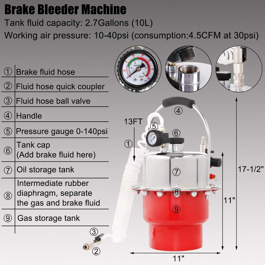 YSTOOL Brake Bleeder Kit Pneumatic Pressure Brake Clutch Fluid Bleeding Tool Set with Master Cylinder Adatpers Air Power Pressurized Oil Change Bleeder Machine and Waste Oil Collection Bottle (Red)