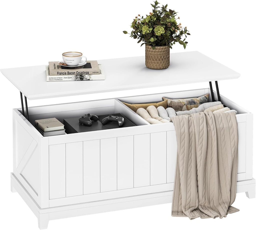48” Lift Top Coffee Table for Living Room, Coffee Tables with Large Storage & Fence Design, Coffee Table Lifting top for Living Room Rustic Center Table for Home and Office, White