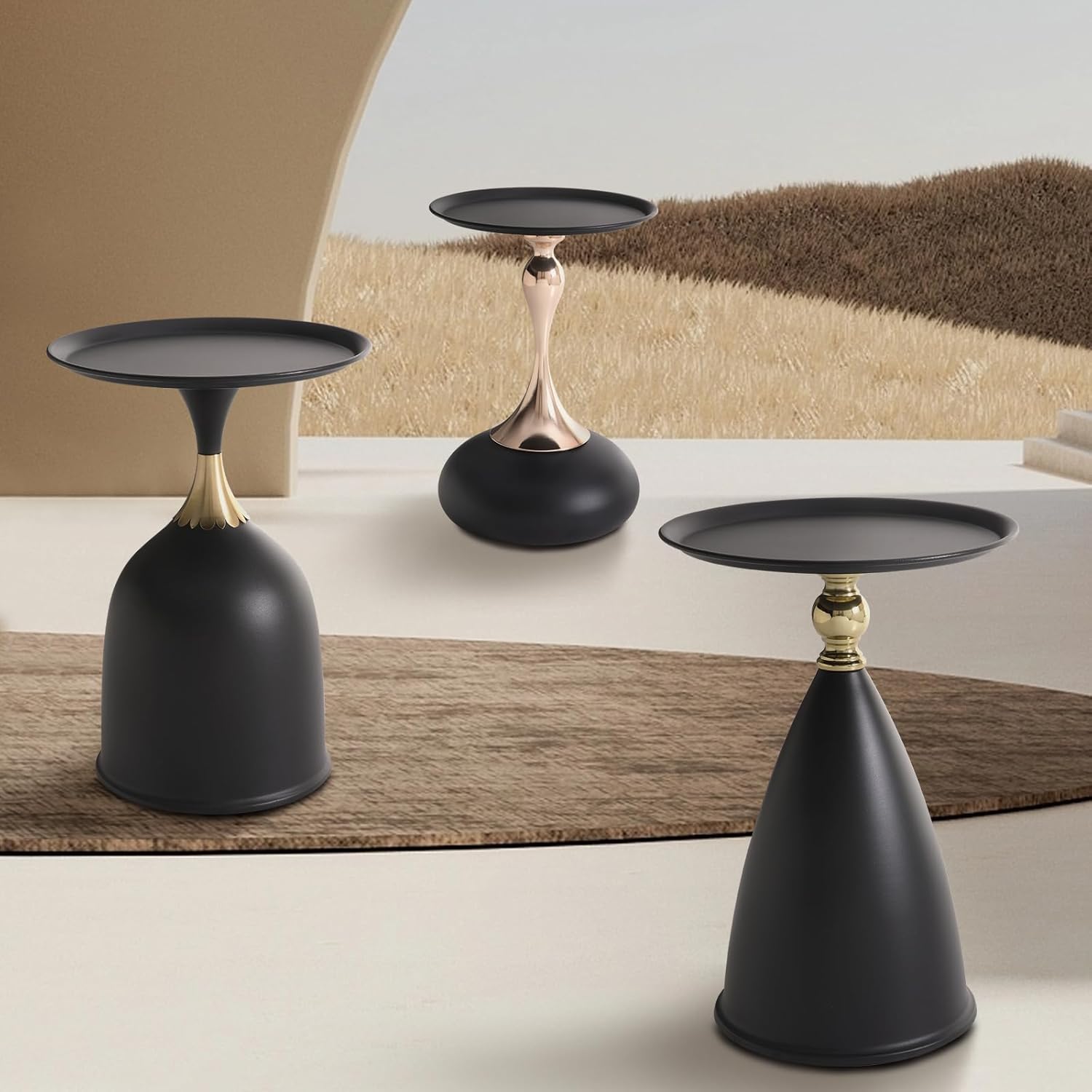 seonyou Small Round Side Table, Black Accent Modern Minimalist Metal Circle Pedestal End Table, Unique Fluted Drink Martini Tables for Small Spaces