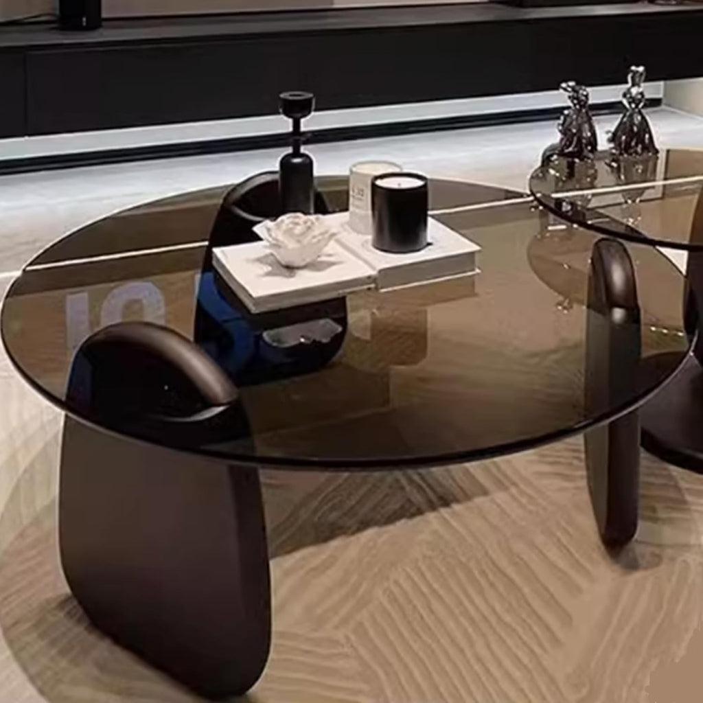 EASYSOUL Modern Round Glass Coffee Table for Living Room with Wood Base, 35.43" D x 35.43" W x 13" H, Mid Century Circular Center Coffee Tables (Black-Grey Glass/35.43 ")