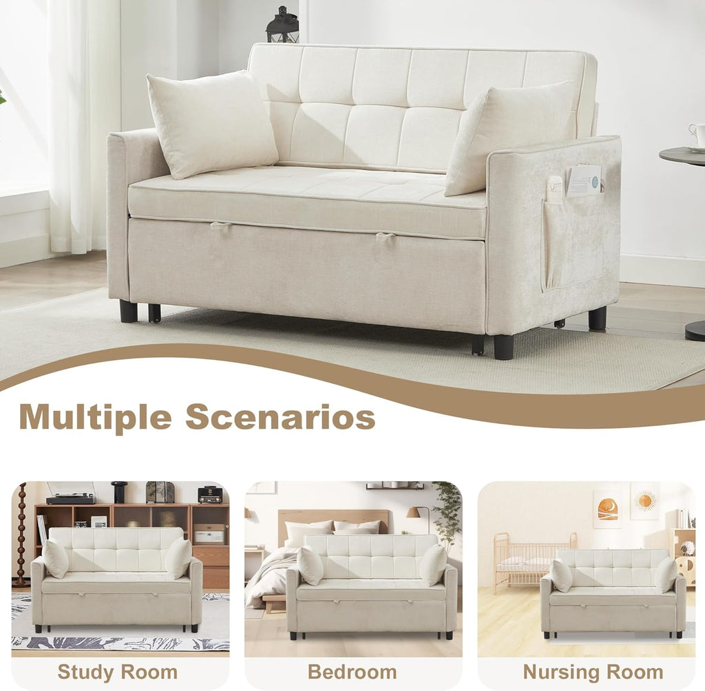 Tbfit 57" Convertible Sofa Bed, Chenille Futon Sleeper Sofa Couch with Pullout Bed, USB & Adjustable Backrest, Queen Size Pull Out Loveseat Couches for Living Room, Apartment, Office, Dorm, Dark Grey