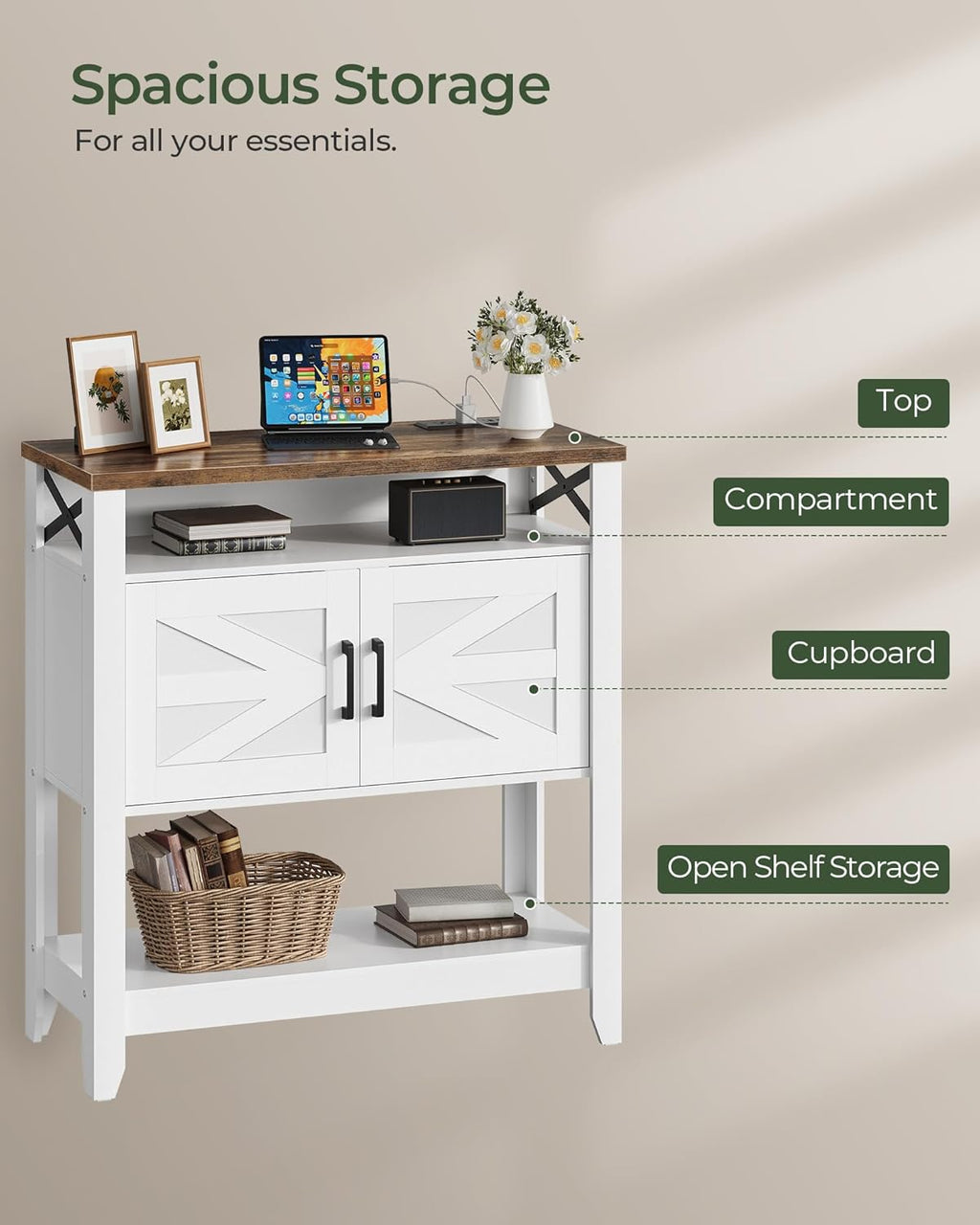 Console Table, Farmhouse Sofa Table with Power Outlet, Entryway Table with Cabinet and Open Shelves, Coffee Bar Cabinet with Storage for Entrance, Hallway, Kitchen, White and Walnut MXG01UWL