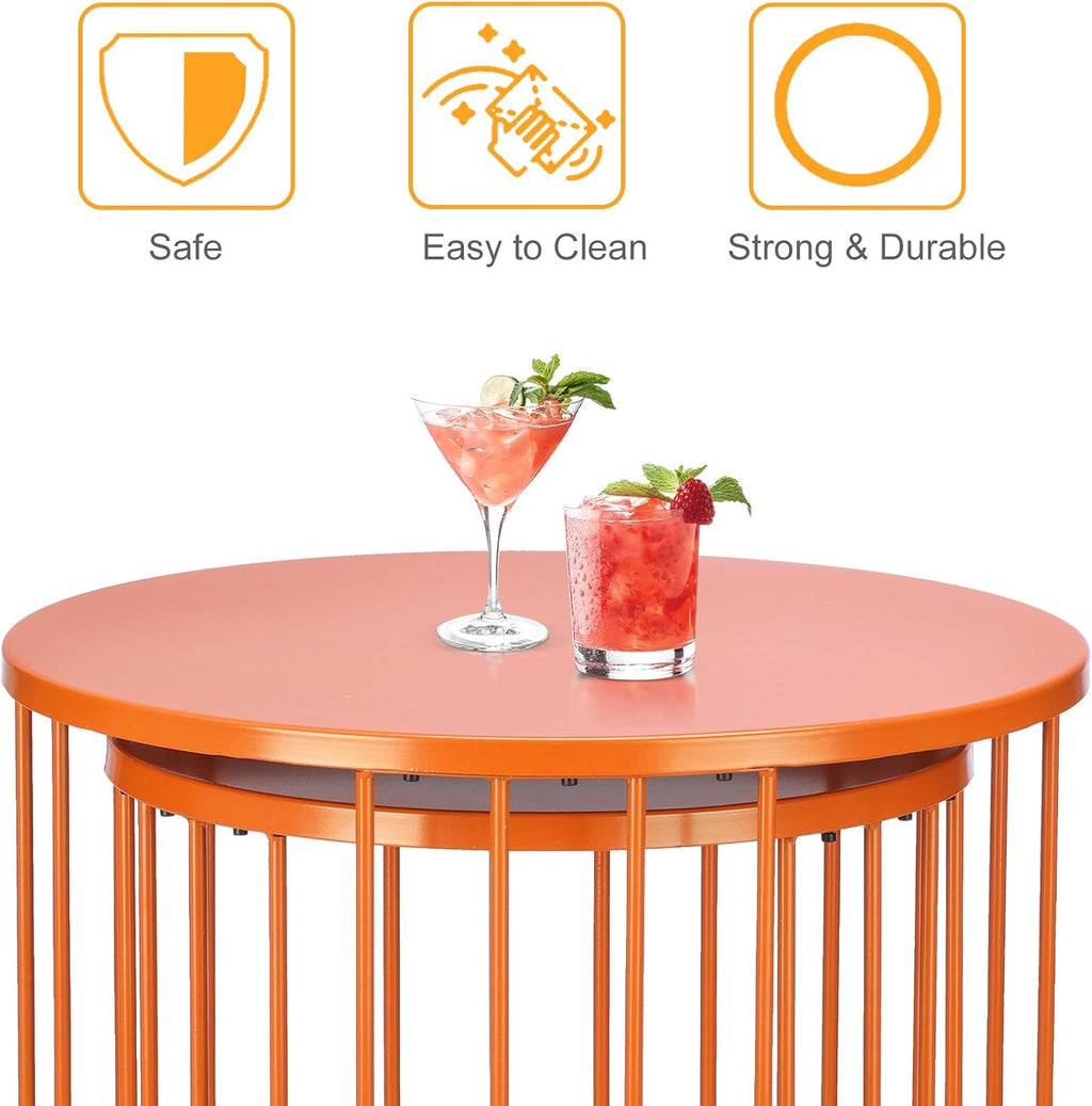 LEWIS&WAYNE Outdoor Side Table Set of 2, Metal Circle Accent End Tables for Balcony Backyard Garden Indoor Living Room, Durable Nesting Coffee Tables, 20”+16” Dia, Orange