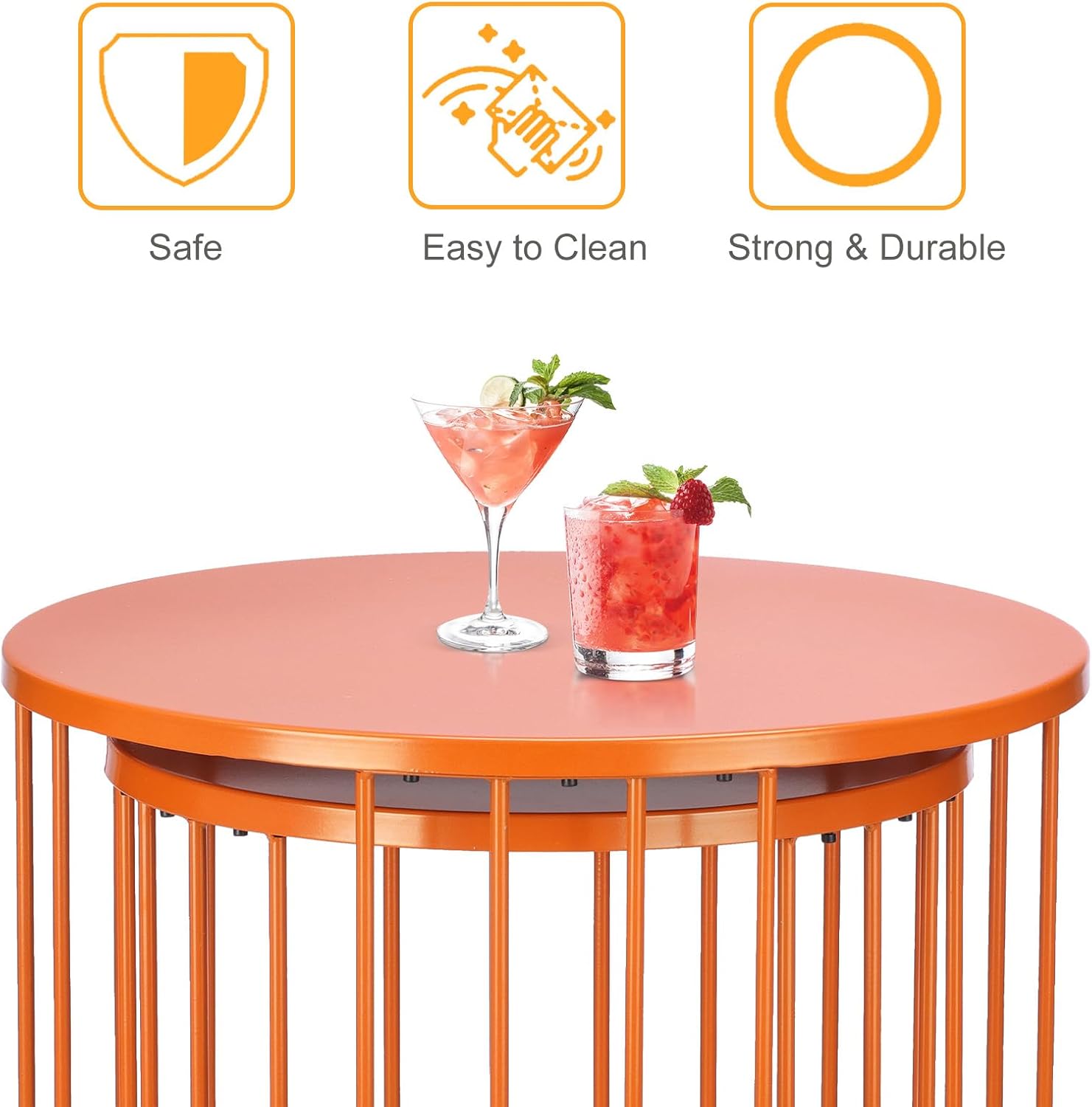LEWIS&WAYNE Outdoor Side Table Set of 2, Metal Circle Accent End Tables for Balcony Backyard Garden Indoor Living Room, Durable Nesting Coffee Tables, 20”+16” Dia, Orange
